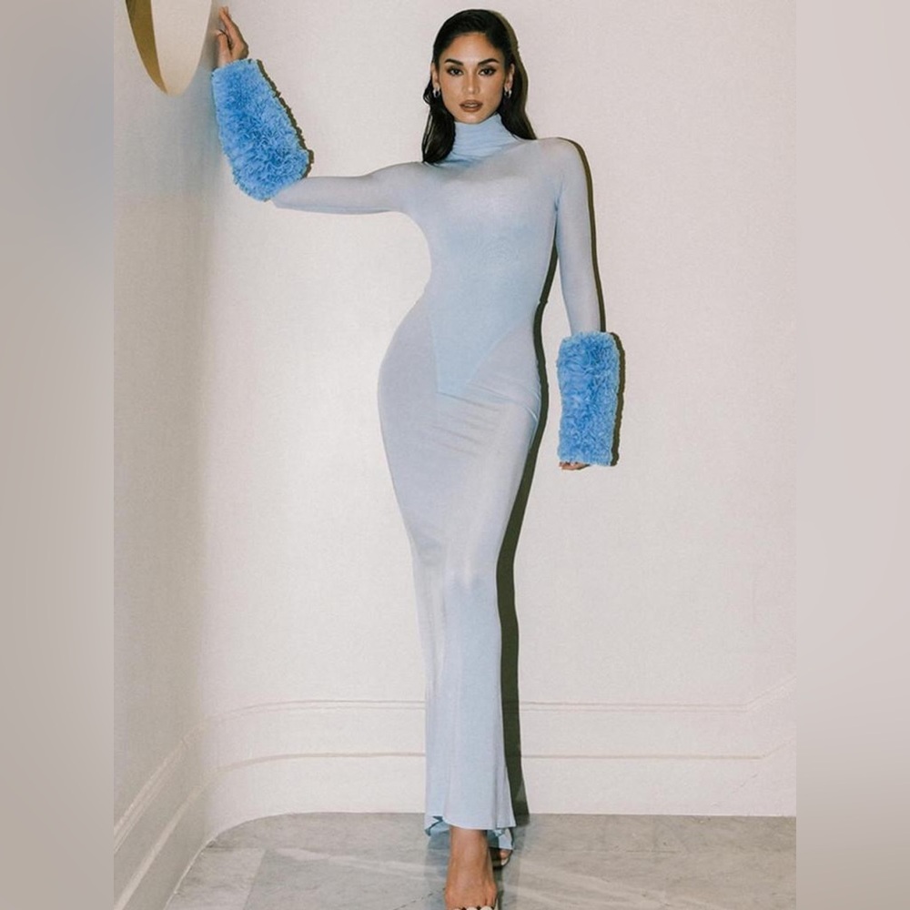 New Alaia Ruffle Dress in Ciel blue long sleeve maxi jersey bodycon - Picture 6 of 15